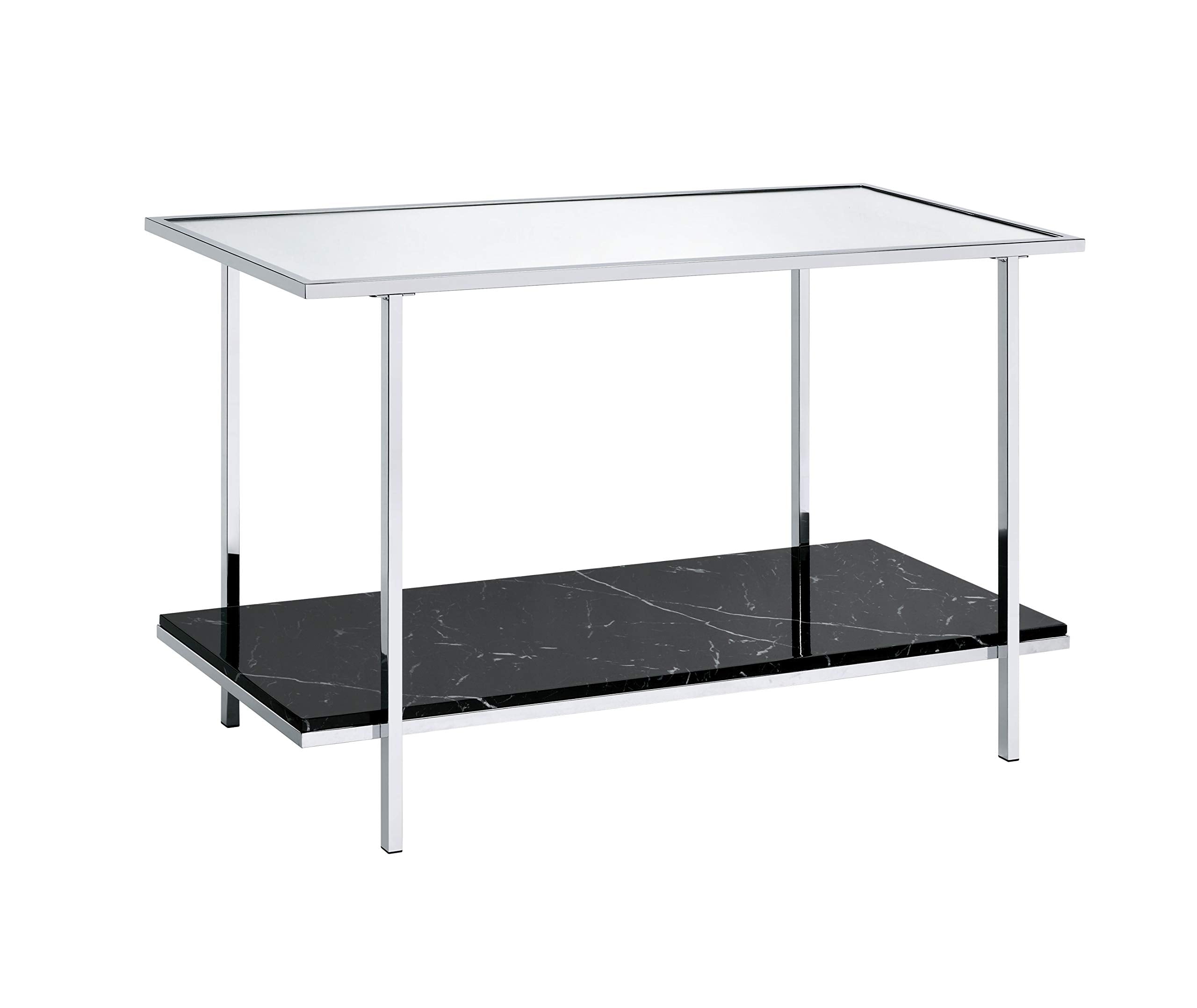 Benjara Console Table With Mirror Top And Faux Marble Open Bottom Shelf, Silver And Black