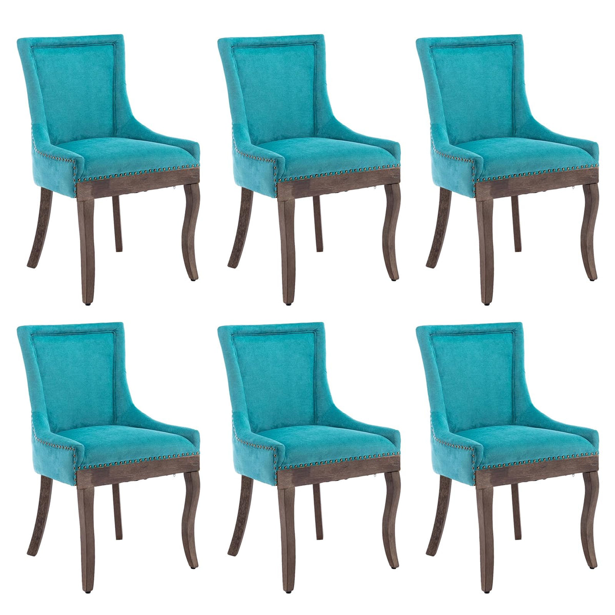 Aoowow Fabric Farmhouse Upholstered Side Chairs Set Of 6, Vintage Solid Wood Kitchen Dining Room Chairs With Nailheads Solid Woo