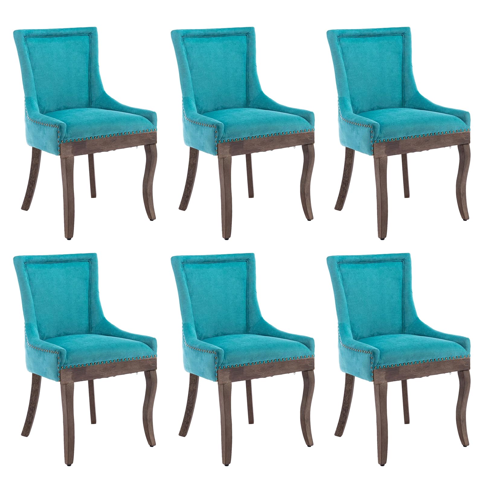 Aoowow Fabric Farmhouse Upholstered Side Chairs Set Of 6, Vintage Solid Wood Kitchen Dining Room Chairs With Nailheads Solid Woo