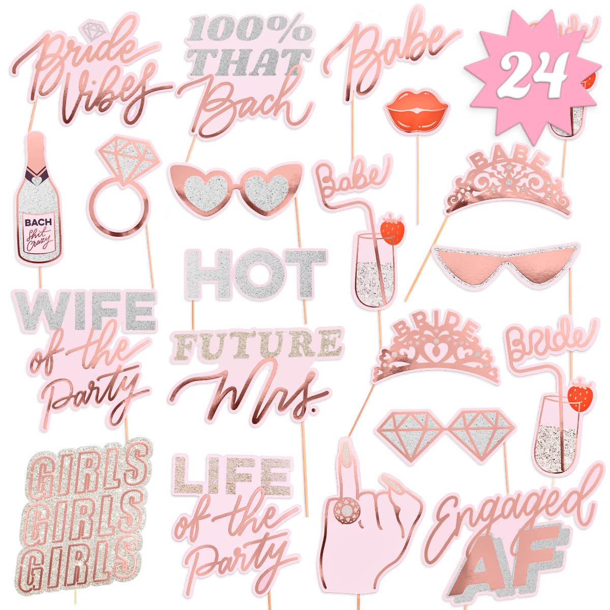 xo, Fetti Bachelorette Photo Booth Props - 24 Pieces, pre-Assembled - Rose Gold Future Mrs Party Decorations, Bride to Be, Brida