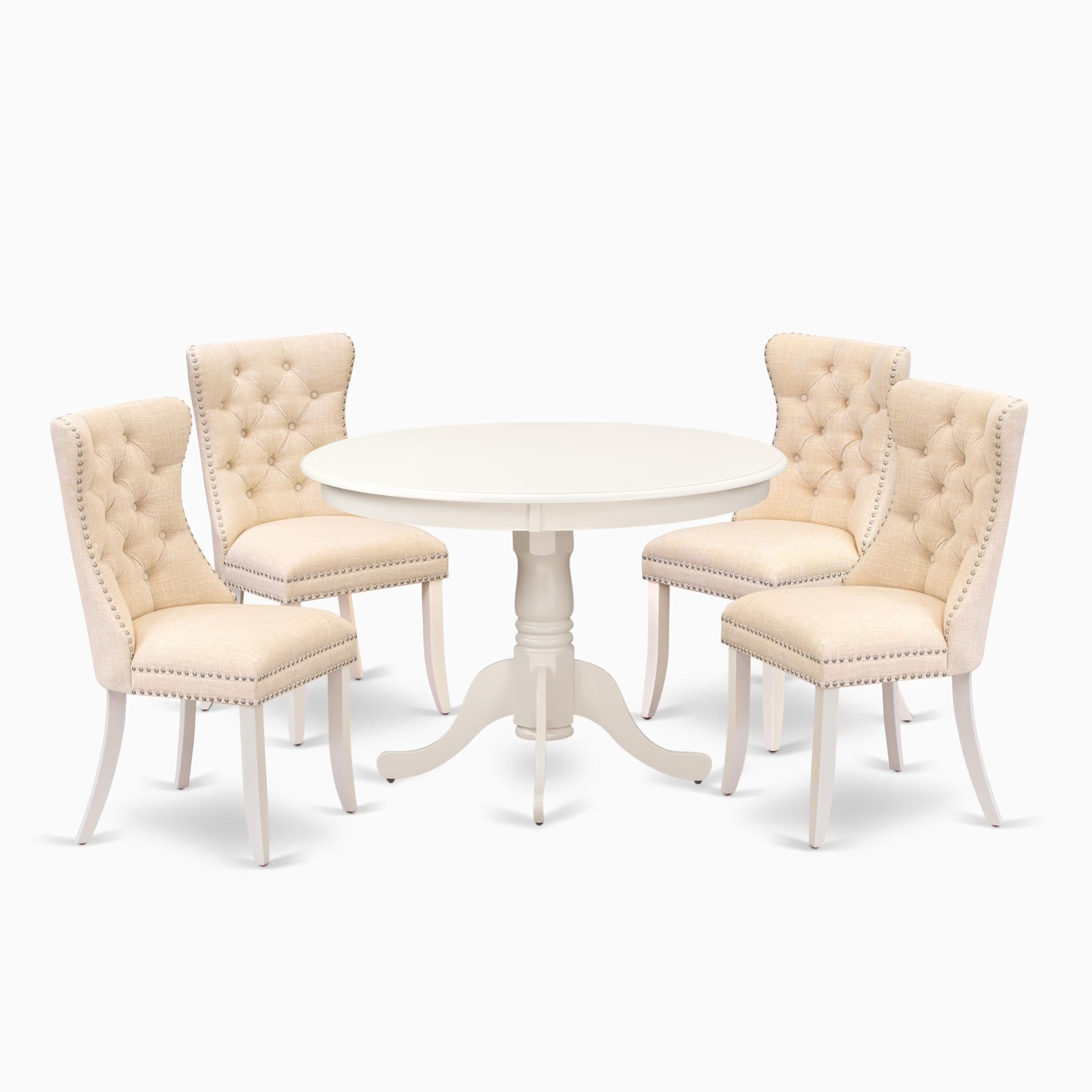 East West Furniture Hlda5-Lwh-32 5 Piece Kitchen Table & Chairs Set Includes A Round Dining Table With Pedestal And 4 Polyester Padded Chairs, 42X42 Inch, Linen White