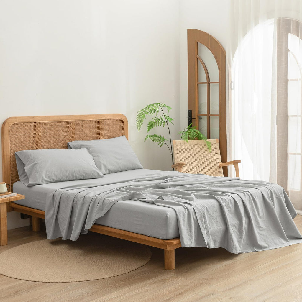 Bestouch Sheet Set 100% Washed Cotton Linen Feel Super Soft Comfortable Chic Lightweight 4 Pcs Home Bedding Set Solid Northern D