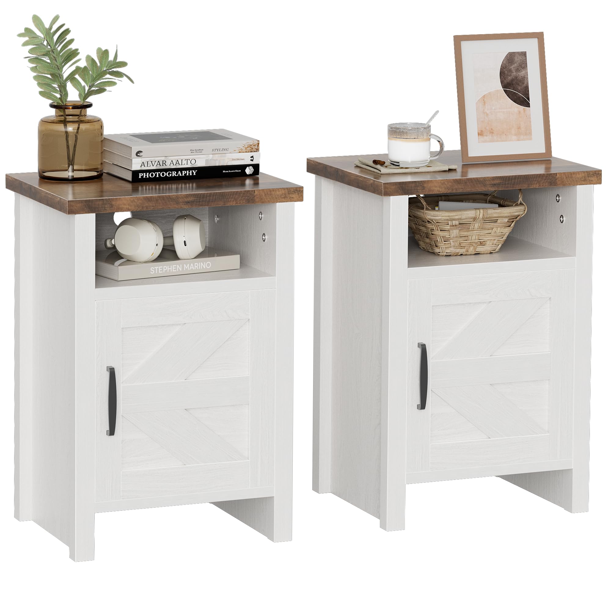 Yeshomy Farmhouse Modern Nightstand With Shelf And Barn Door, Set Of 2 For Bedroom, White