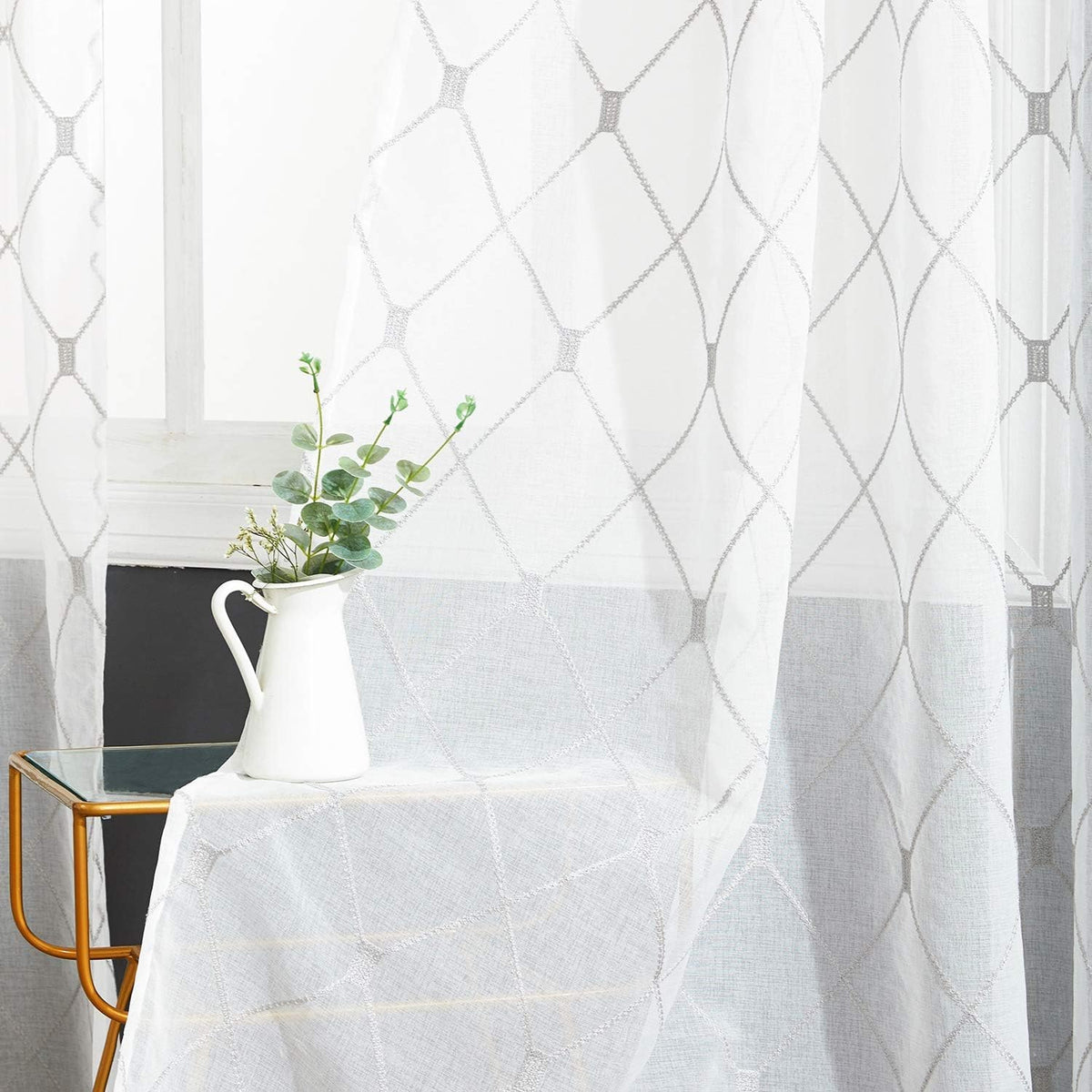 Top Finel White Sheer Curtains 80 Inches Long For Living Room,Grey Privacy Embroidered Diamond Grommet Window Treatments Curtain