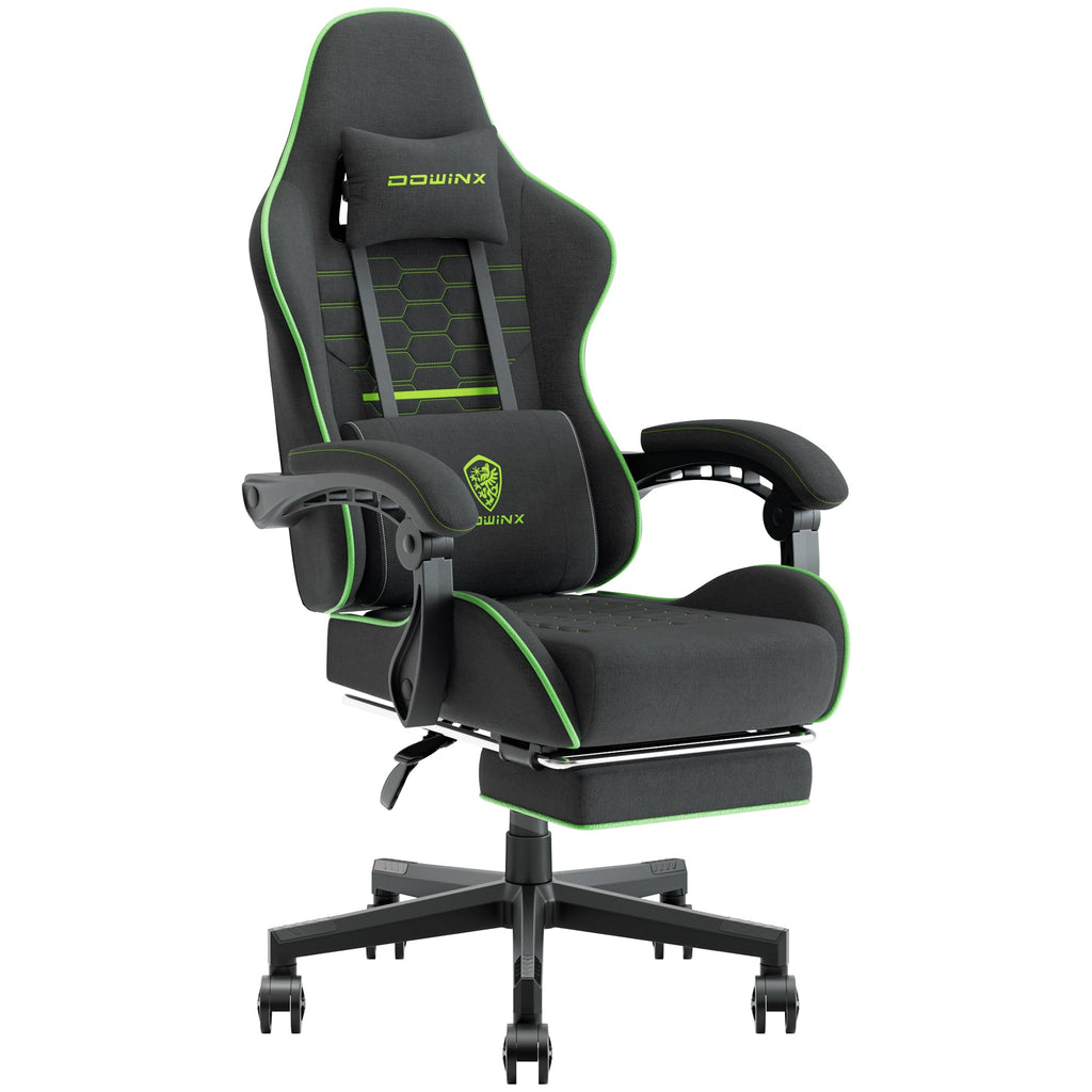 Dowinx Gaming Chair Fabric With Pocket Spring Cushion, Massage Game Chair Cloth With Headrest, Ergonomic Computer Chair With Footrest 290Lbs, Black Green