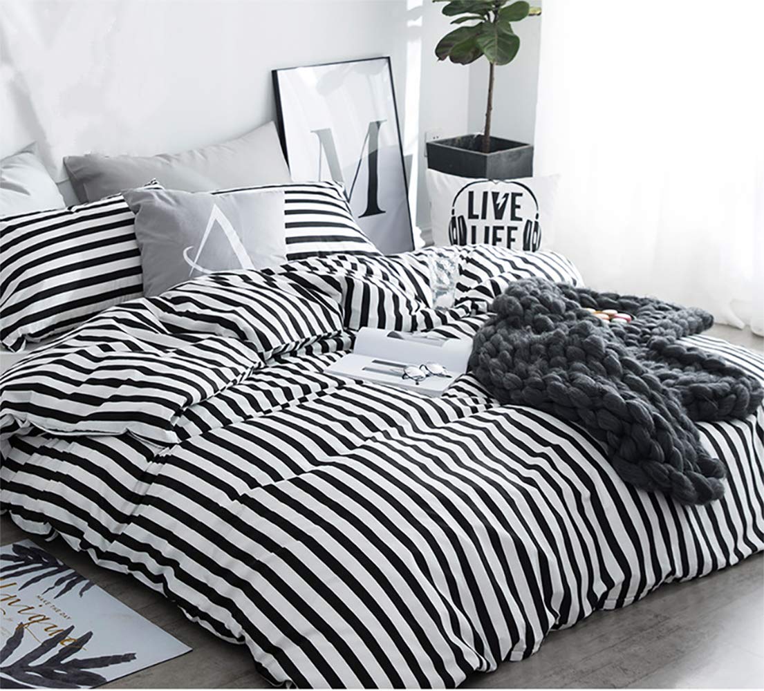Karever White&Black Stripes Comforter Set Full Women Bedding Set Soft Durable White Striated Bedding Set Black Stripes Ticking Q