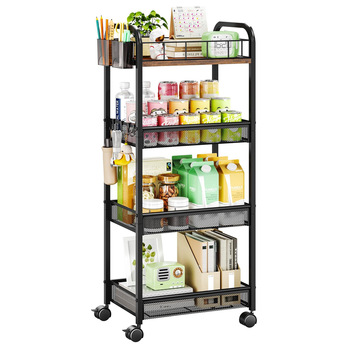 HapiRm 4 Tier Metal Rolling Cart Utility Storage Cart with Locking Wheels