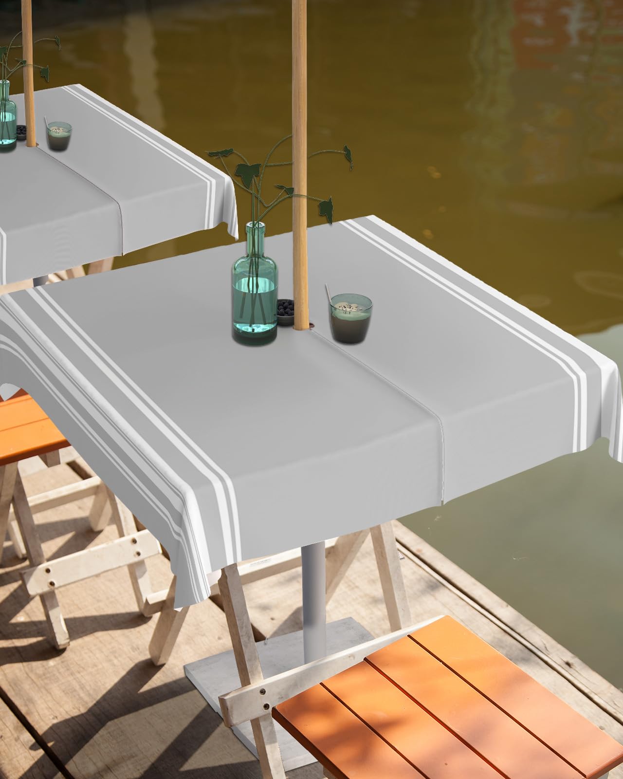 Queenker Outdoor Tablecloth With Umbrella Hole, Farmhouse Gray White Stripe Square Tables Waterproof Tabletop Collection For Pat
