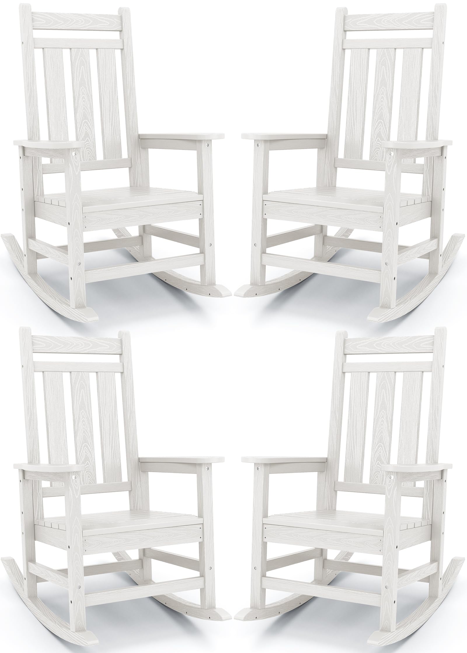 Kingyes Outdoor Patio Rocking Chair Set Of 4, Weather Resistant Oversized Porch Rocker, High Back Outdoor Rocking Chair For Adult, Outdoor Rocker With 330Lbs Support(Plum Rocker)- White