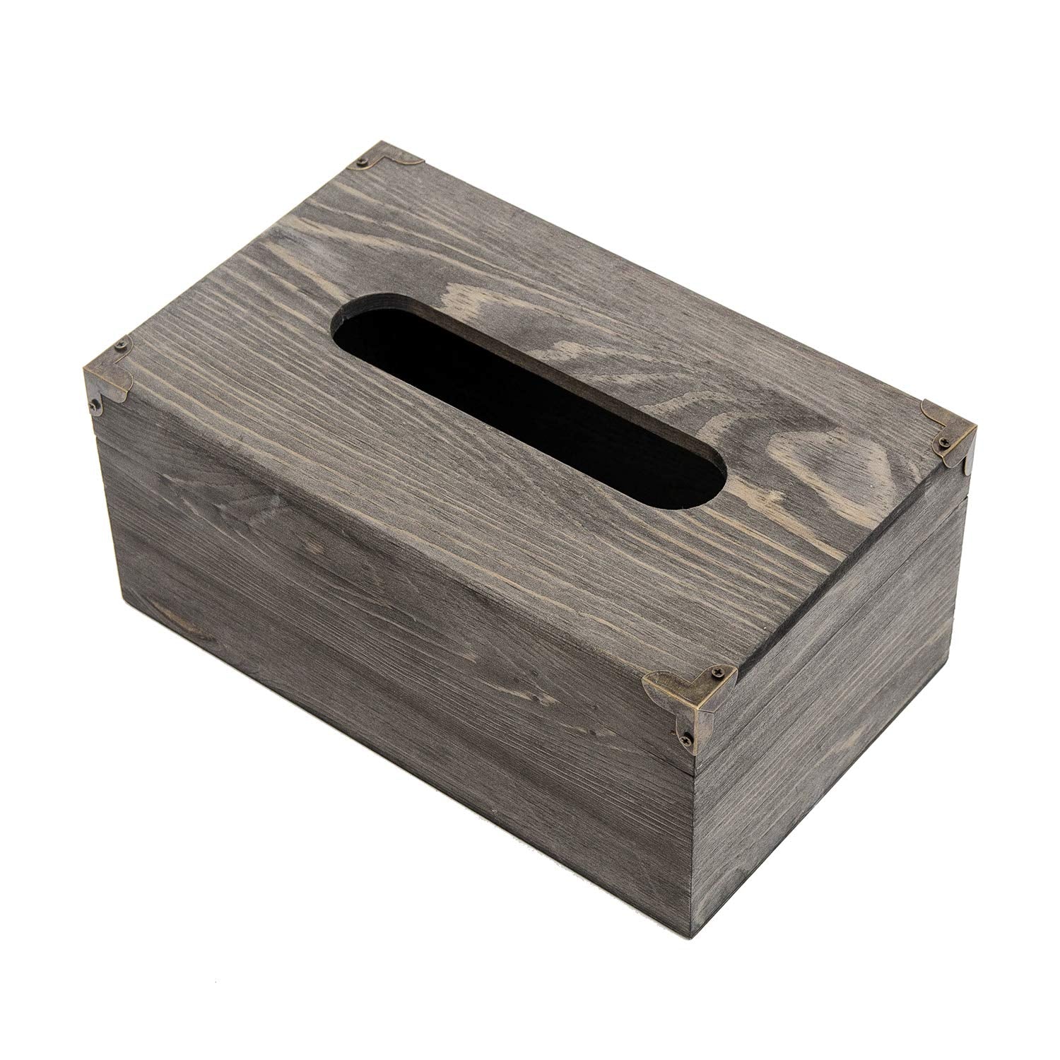 Liry Products Rustic Gray Distressed Wood Facial Tissue Paper Box Metal Corner Brackets Hinge Lid Top Cover Torched Wooden Holde