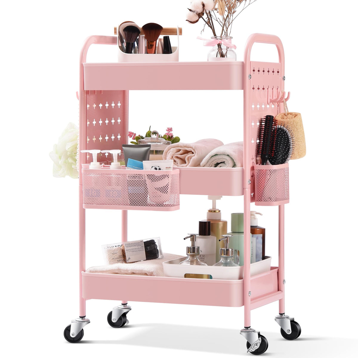 TOOLF 3-Tier Utility Cart, Metal Rolling Storage Cart with DIY Pegboards, Art Craft Trolley with Baskets Hooks, Organizer Servin