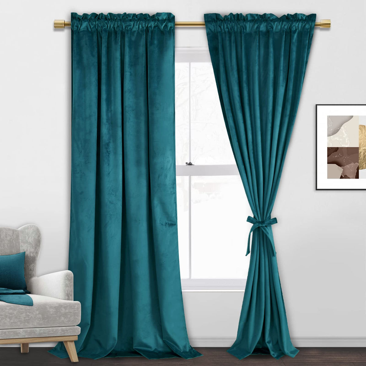 Jiuzhen Teal Velvet Curtains 96 Inches - Soft Retro Velvet Blackout Rod Pocket Curtains Thermal Insulated Noise Reducing Window