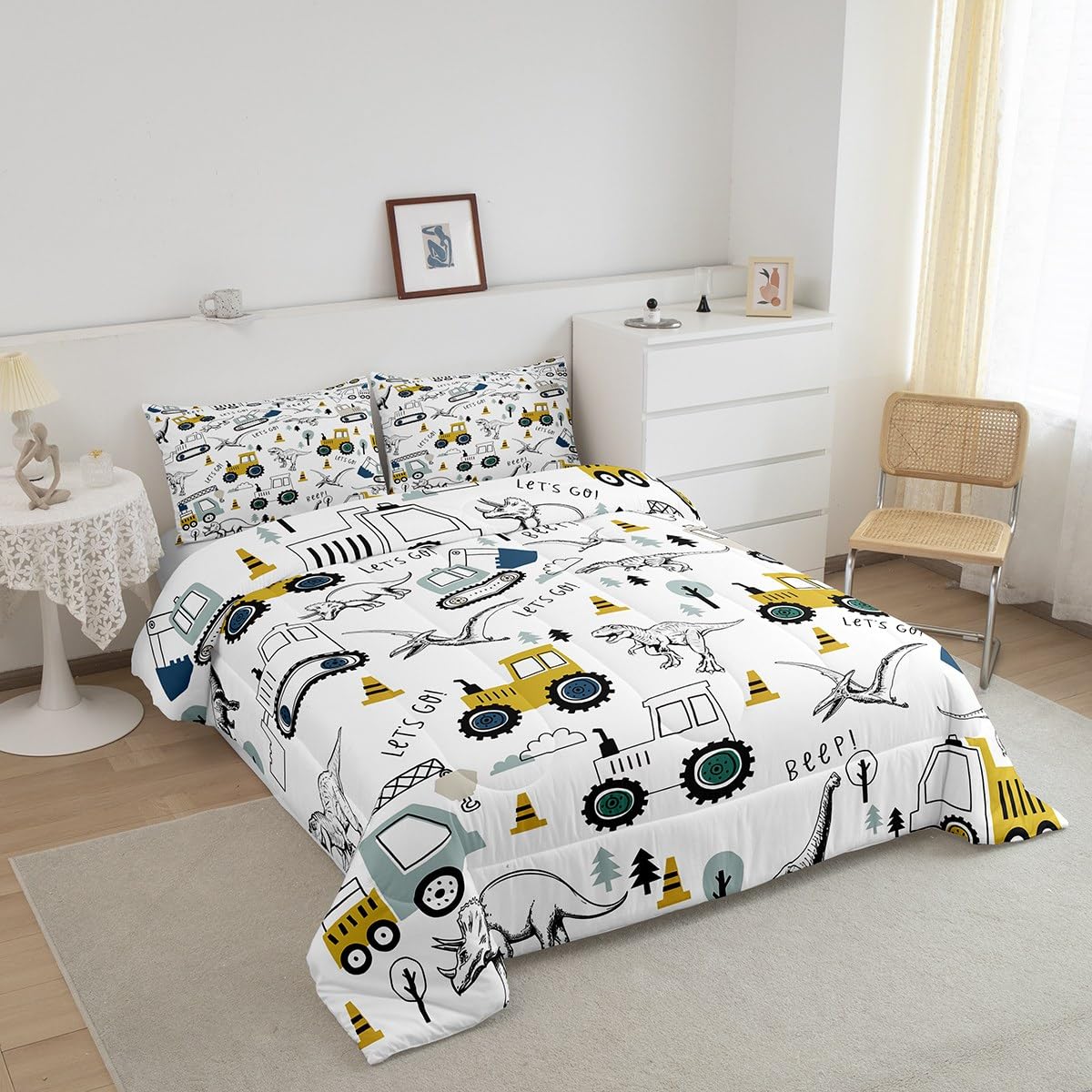 Construction Comforter Set Full Size Kids Cartoon Car Excavator Tractor Toddler Comforter Equipment Trucks Dinosaur Comforter Se