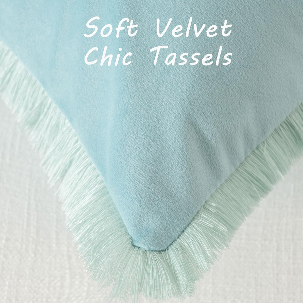 Futei Aqua Boho Throw Pillow Covers With Tassels 26X26 Inch Set Of 2,Soft Velvet Decorative Euro Pillow Shams,Home Decor For Cou