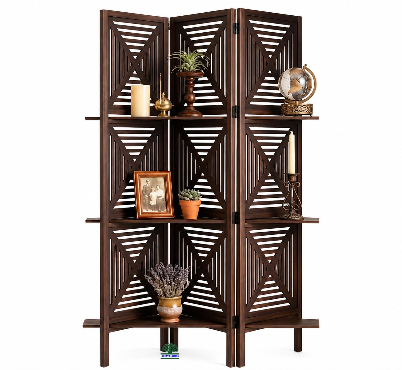 Lucky Lumber 3 Panel Wooden Room Divider Partition With Shelves, Folding Privacy Screen For Living Room & Bedroom, Decorative Ja