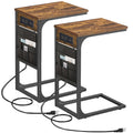 Tutotak C Shaped End Table With Charging Station, Side Table For Sofa, Couch With Storage Bag, Set Of 2, Tv Tray With 2 Usb Ports And Outlets For Living Room, Bedroom, Brown Tb01Bb0242