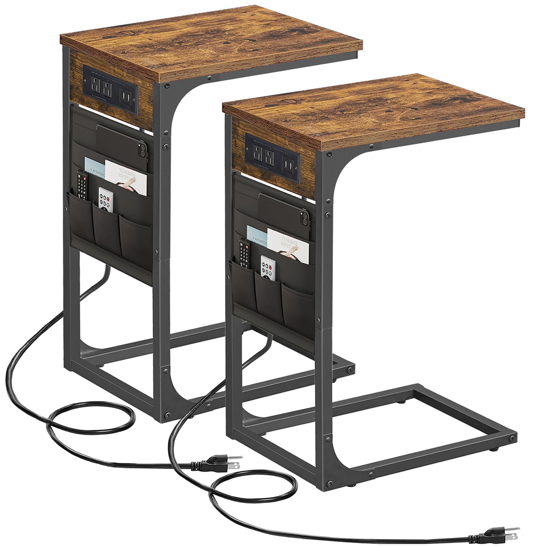 Tutotak C Shaped End Table With Charging Station, Side Table For Sofa, Couch With Storage Bag, Set Of 2, Tv Tray With 2 Usb Ports And Outlets For Living Room, Bedroom, Brown Tb01Bb0242