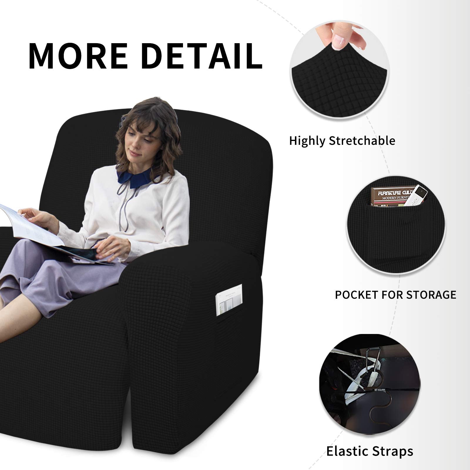 Easy-Going 4 Pieces Oversized Recliner Stretch Sofa Slipcover Sofa Cover Furniture Protector Couch Soft With Elastic Bottom Polyester Spandex Jacquard Fabric Small Checks Black X-Large