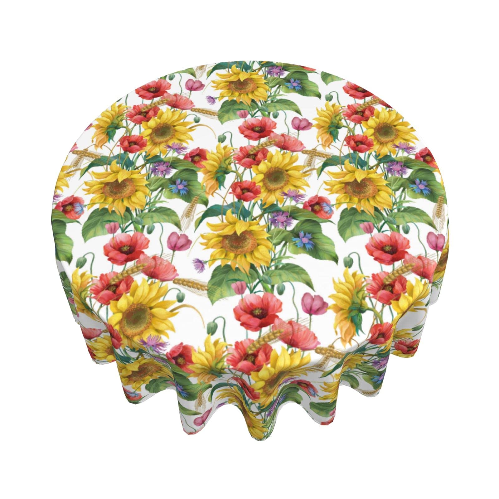 Bcqjnb Sunflower Floral Red Yellow Flowers Summer Round Tablecloth 60 Inch Washable Table Cloth Cover Indoor Outdoor For Dining