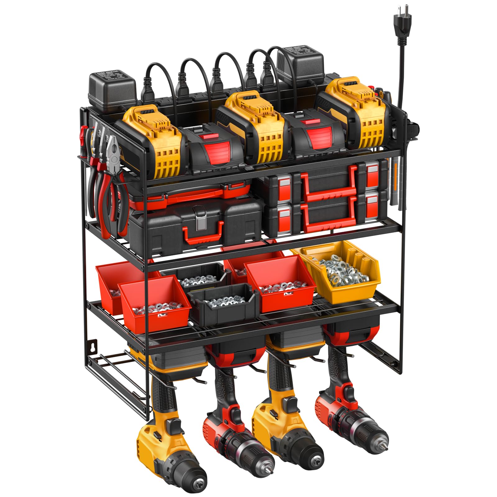 Junnuj Power Tool Organizer With 10 Outlet Power Strip, 4 Layer Wall Mount Drill Holder With Charging Station, 4 Drills Storage Shelf Shop Garage Utility Rack, Black