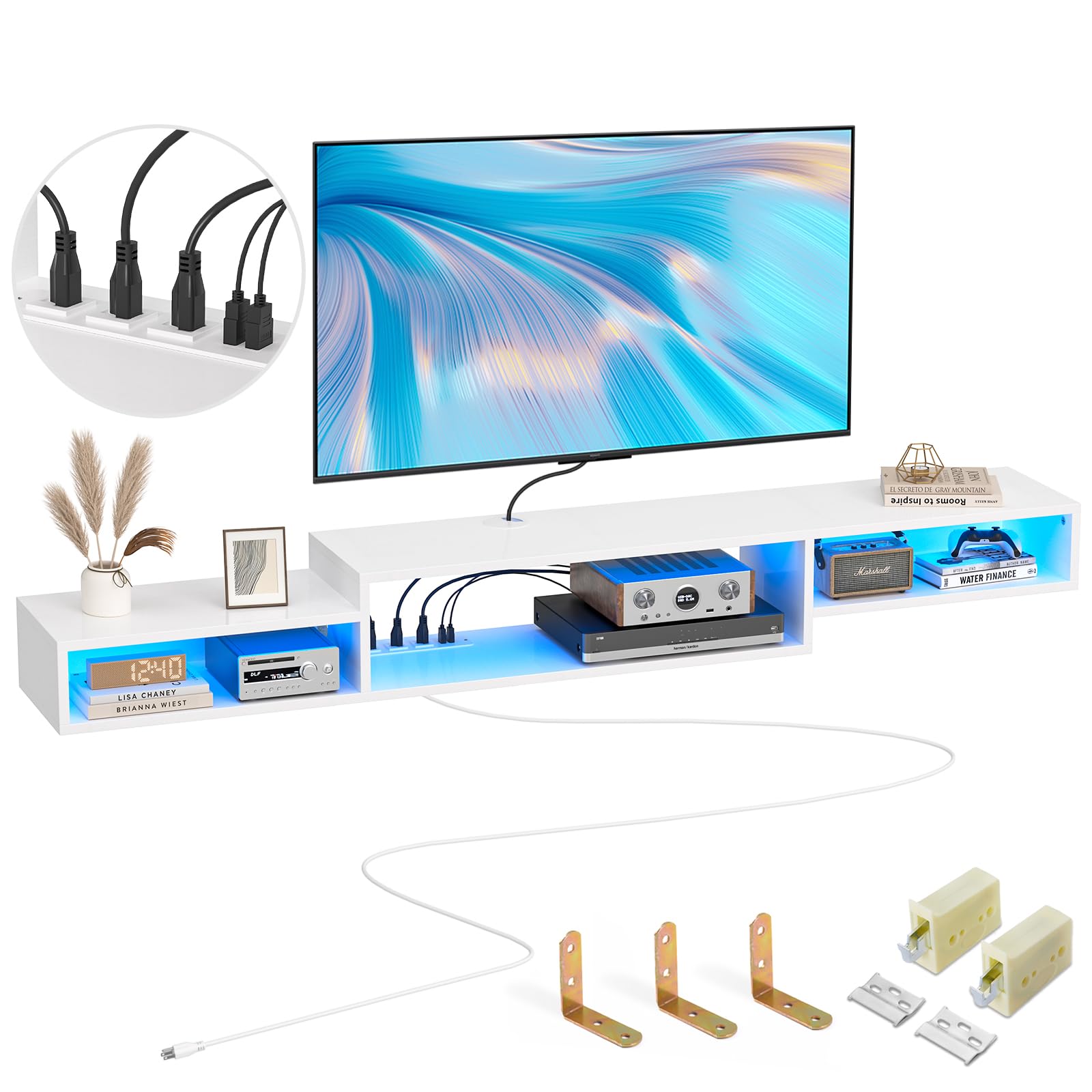 Fabato 71'' Floating Tv Stand With Led Light Power Outlet, Floating Shelf For Under Tv Wall Mount With Storage Shelf, Media Console Entertainment Center For Living Room, White