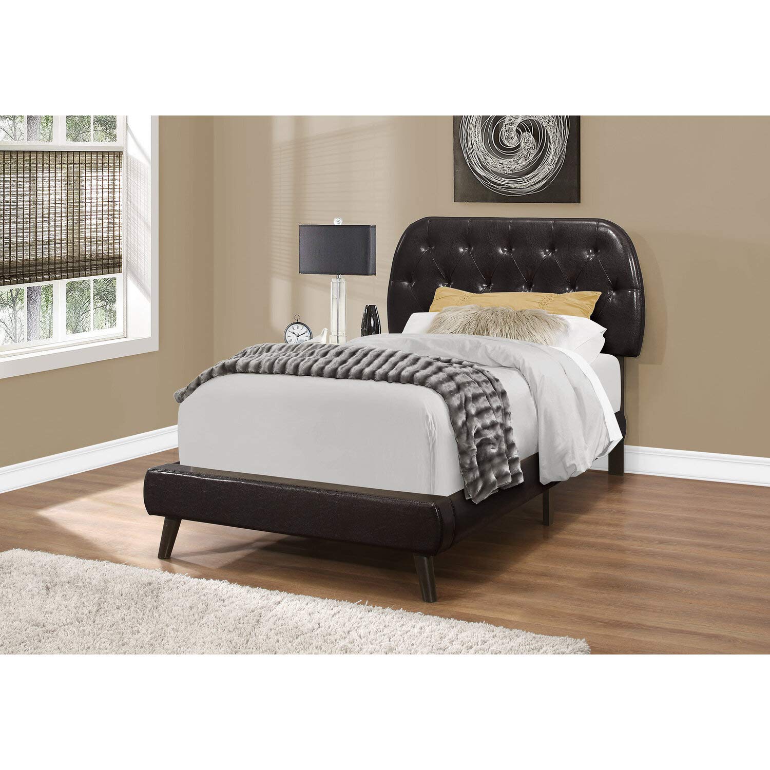 Monarch Specialties I Twin Size Leather-Look with Brown Wood Legs BED,