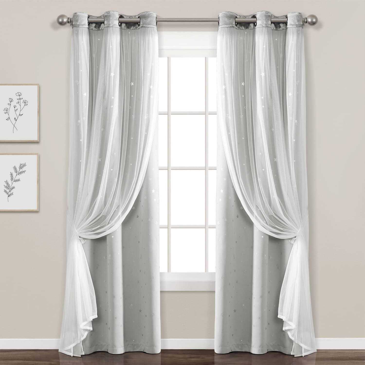 Lush Decor Star Sheer Insulated Grommet Blackout Window Curtain Panel Pair, 84' L X 38' W, Light Gray