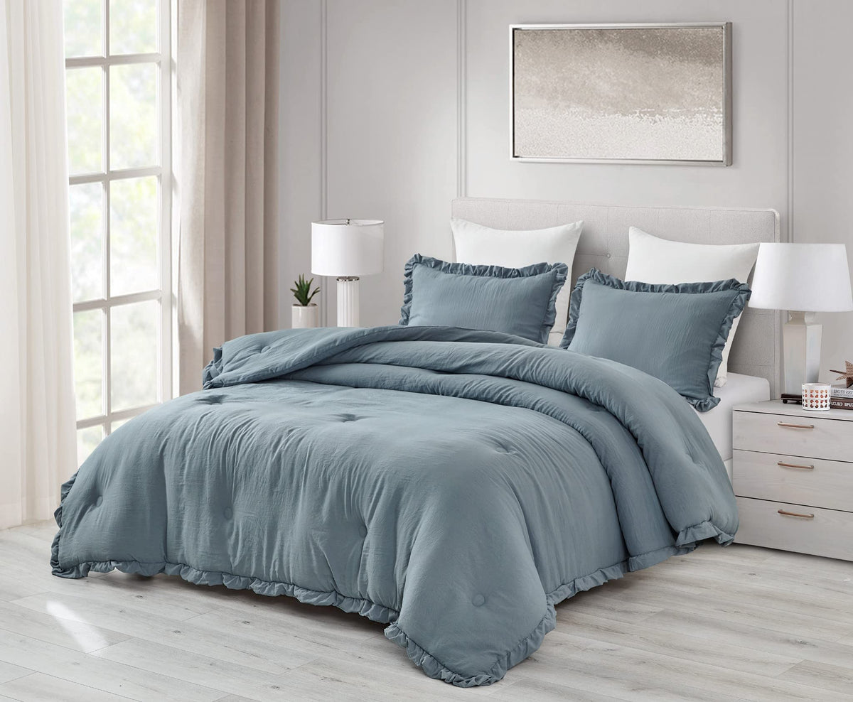 Chezmoi Collection Nora 3-Piece Ruffled Edge Trim Soft Washed Microfiber Comforter Set (King, Dusty Blue)