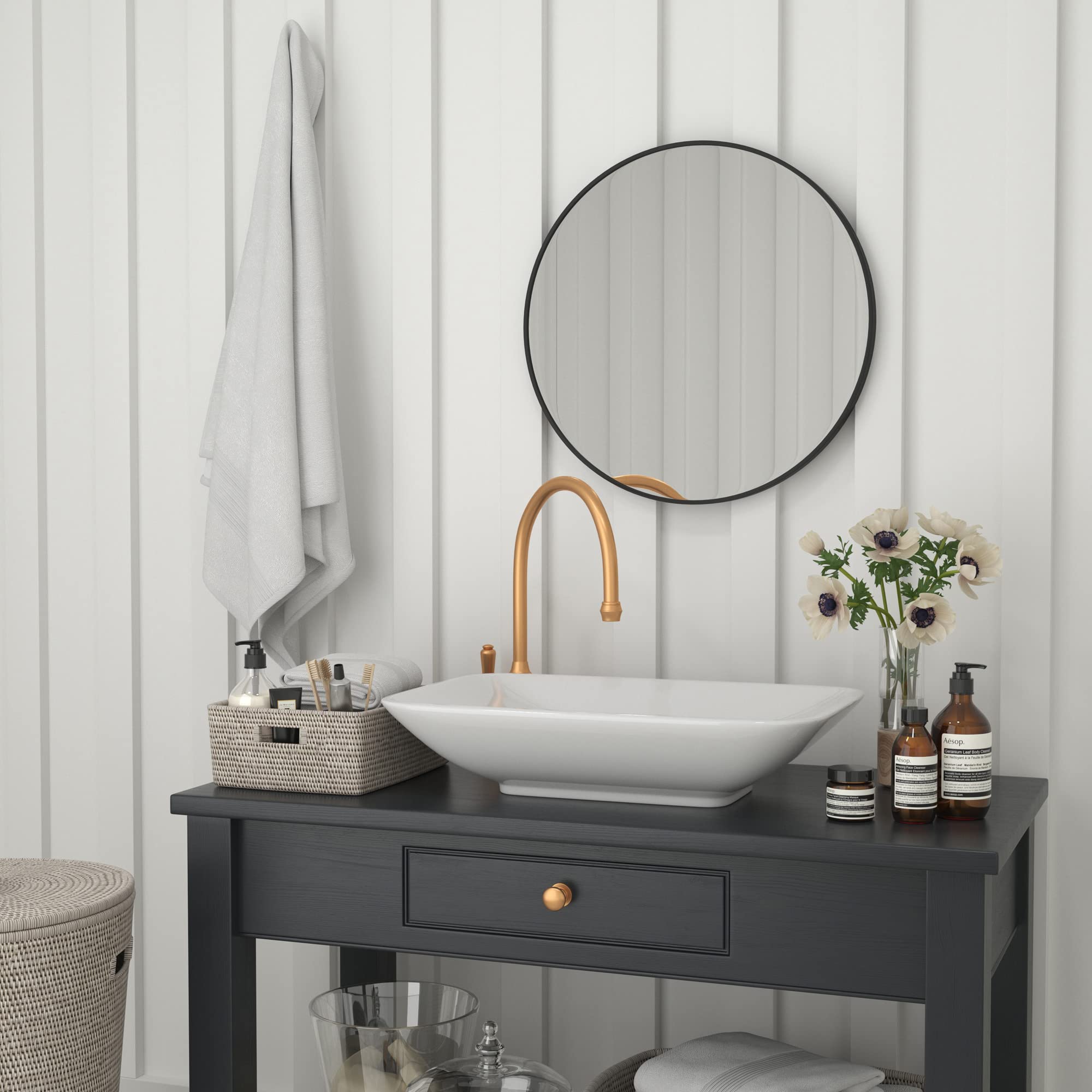 Flash Furniture Large Round Wall Mirror - Black Circle Accent Mirror - 24&quot; Vanity Mirror - For Bathroom, Vanity, Entryway, Dining Room, & Living Room