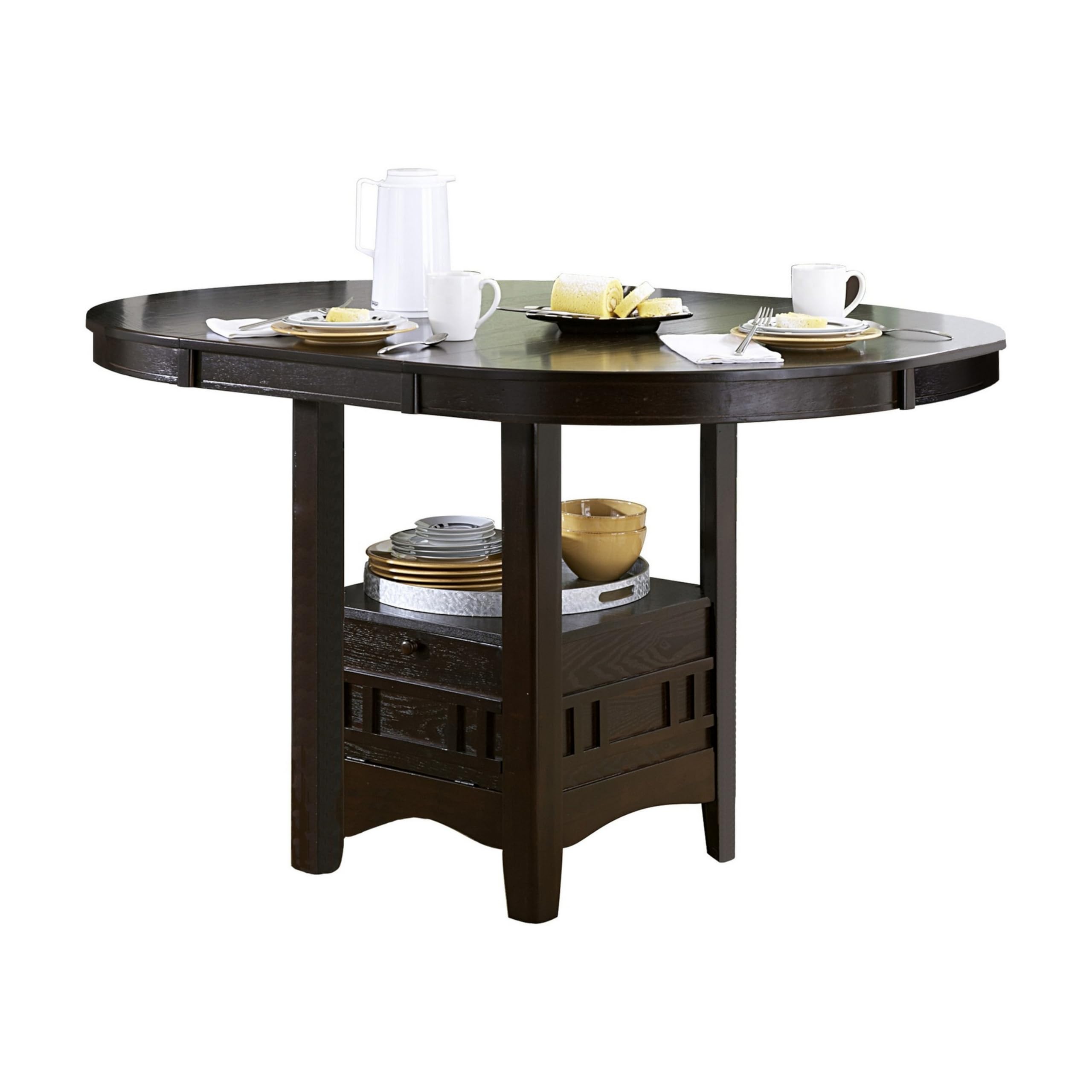 Benjara Oval Wooden Counter Height Table with Extension Leaf and Open Shelf, Brown