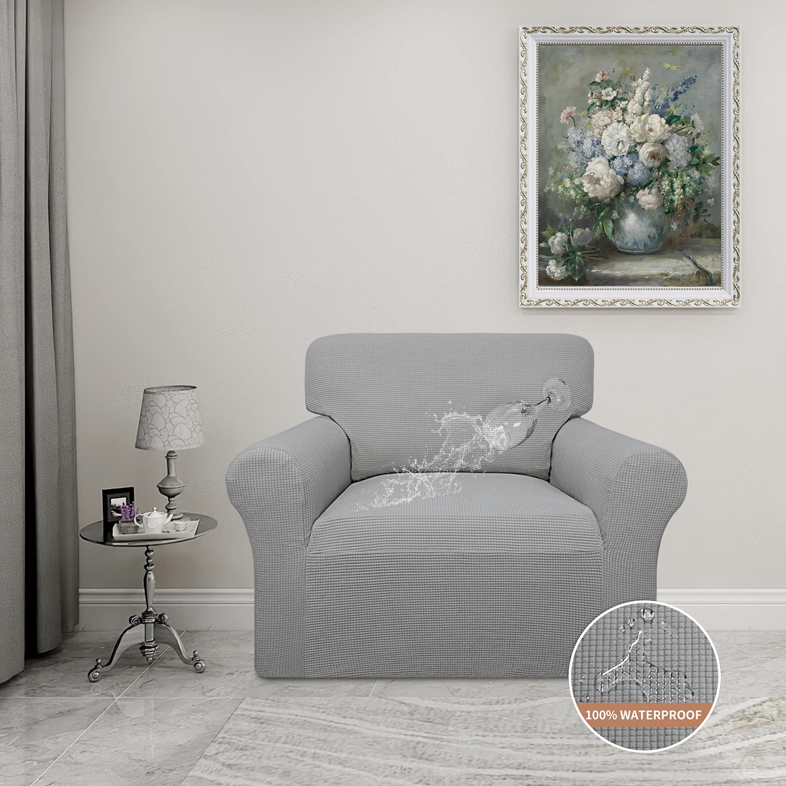 Easy-Going 100% Waterproof Chair Couch Cover, Dual Waterproof Sofa Cover, Stretch Jacquard Sofa Slipcover, Leakproof Furniture Protector For Kids, Pets, Dog And Cat (Chair, Light Gray)