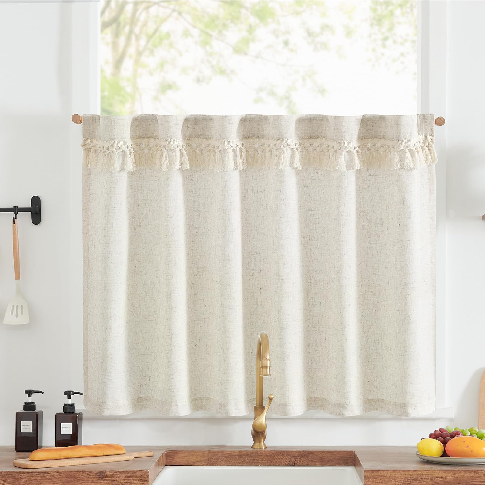 Jinchan Linen Kitchen Curtain With Tassels 24 Inch Boho Tier Curtain Beige Farmhouse Cafe Curtain Light Filtering Small Window Curtain For Bathroom Laundry Room Rv Rod Pocket Back Tab 1 Panel Crude