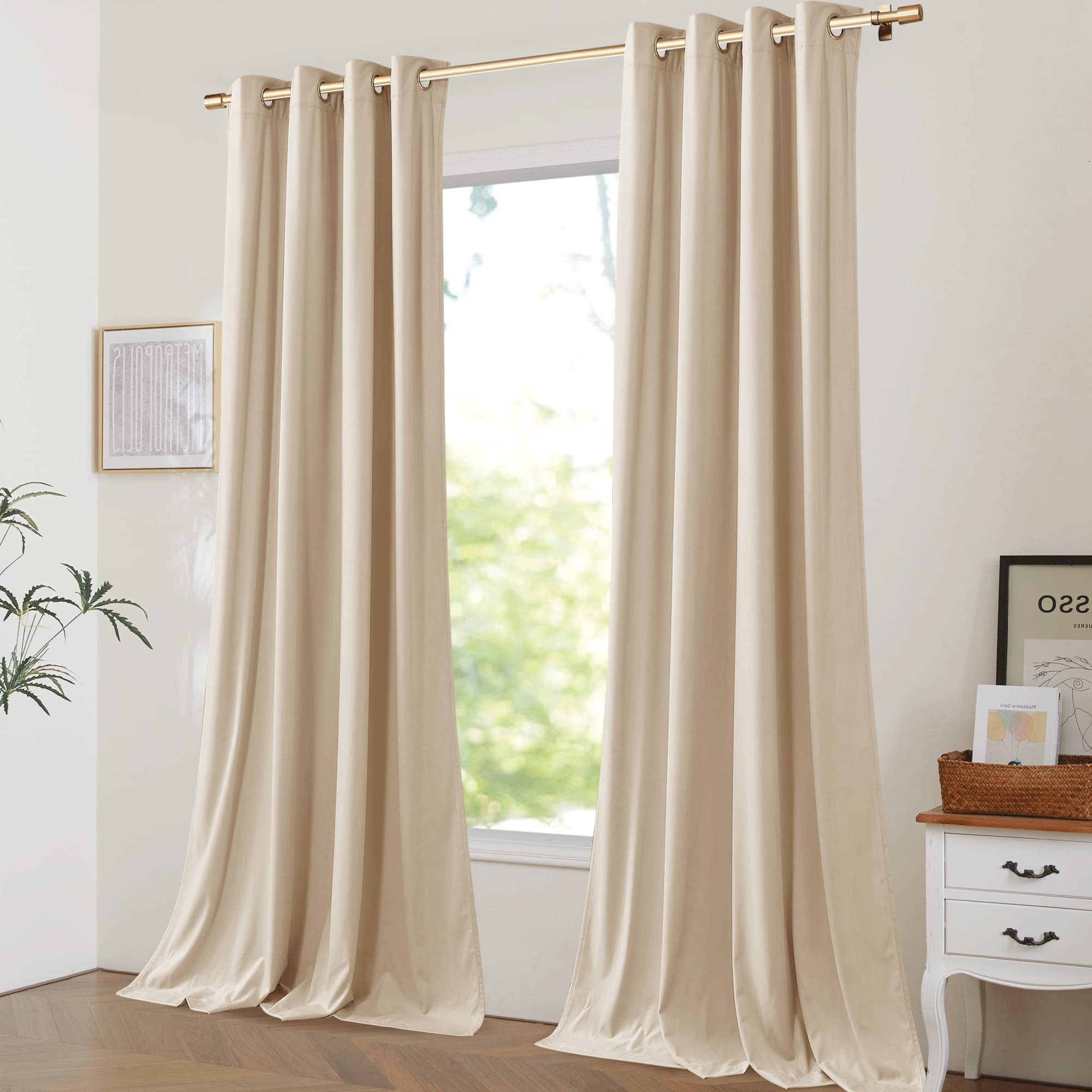 Nicetown Beige Velvet Rom Darkening Curtains 108 Inches Long, Luxury Velvet Drapes, Grommet Top Window Treatment Panels For Livi