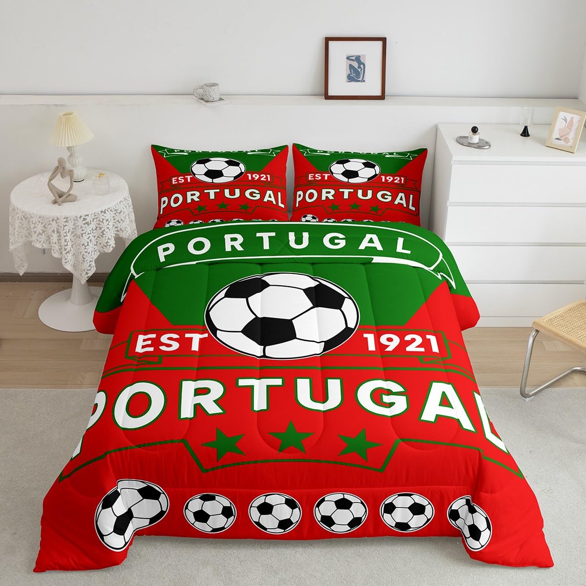 Feelyou Football Sport Bedding Set Full Size Soccer Theme For Kids Boys Comforter Set Portugal Football Teens Duvet Set Red Gree