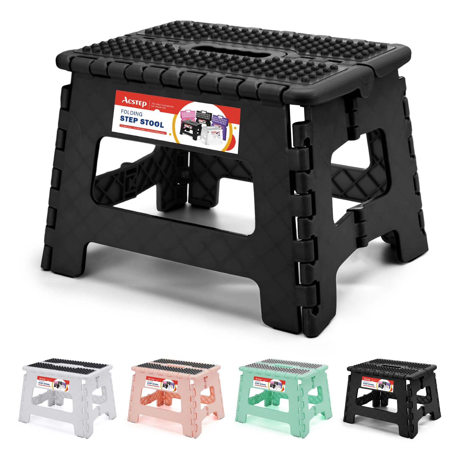 Acstep 9 Inch Folding Step Stool 300 Lb Capacity Non Slip Foot Stool With Handle Plastic Foldable Step Stools For Kids Stepping Stool For Bathroom Black Small Step Stool (1 Pc Black)