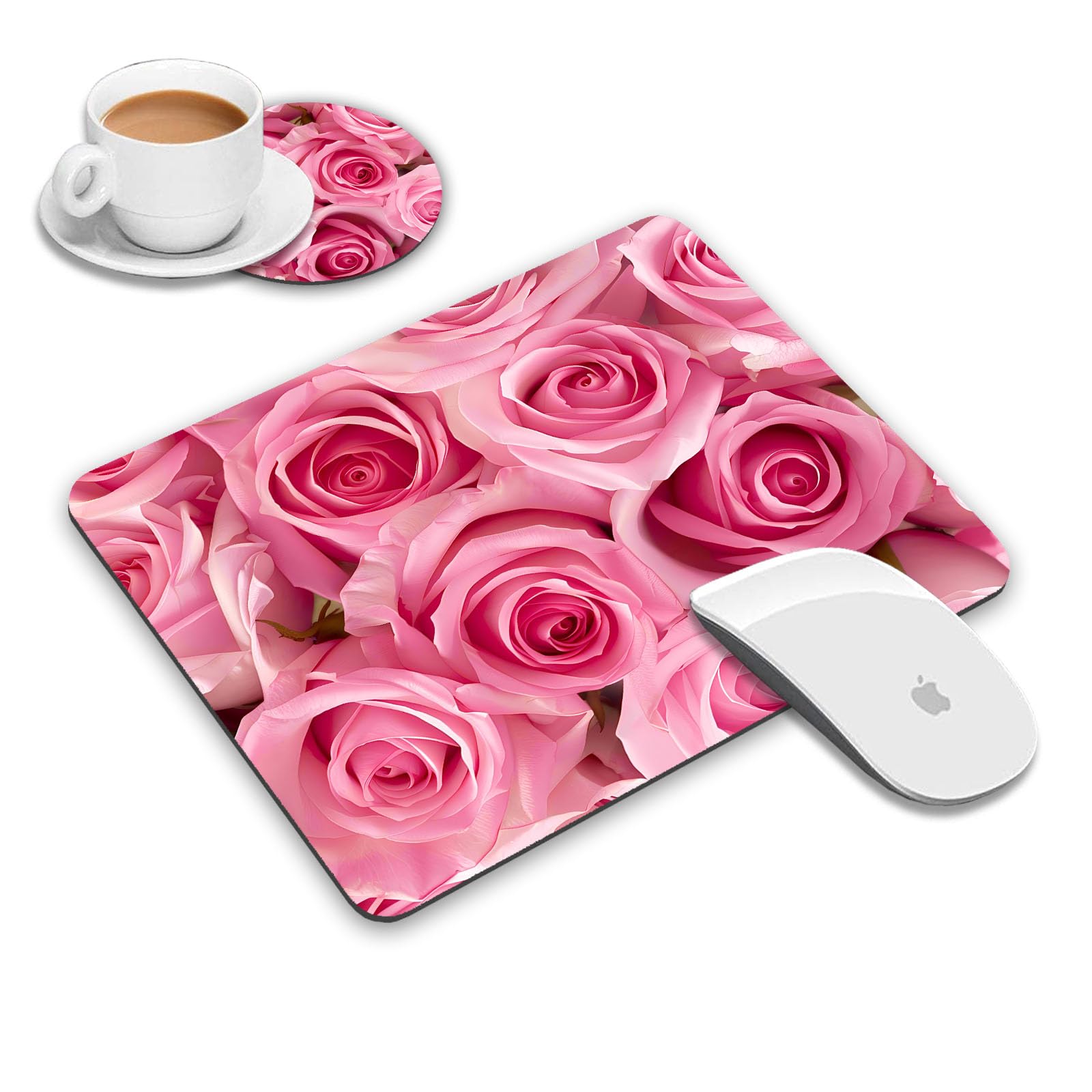 Loworo Mouse Pad And Coasters Set, Pink Roses Mouse Pad, Non-Slip Rubber Base Rectangle Mouse Pads For Laptop And Computer Offic