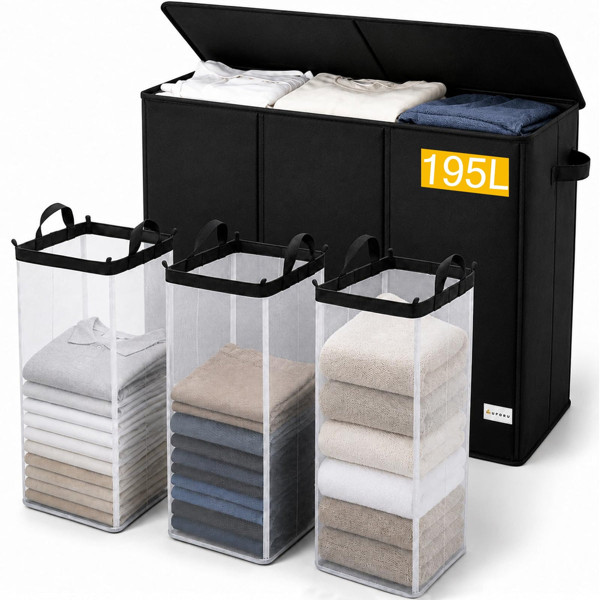 UFORU 195L Laundry Hamper with Lid, 3 Section Sorter for Bedroom & Dorm