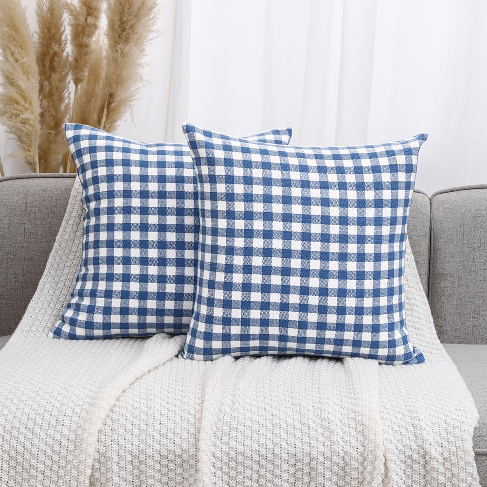 Carrie Home Farmhouse Plaid Light Blue Throw Pillow Covers 18X18 Set Of 2, 18 X 18 Blue And White Buffalo Plaid Throw Pillows Fo