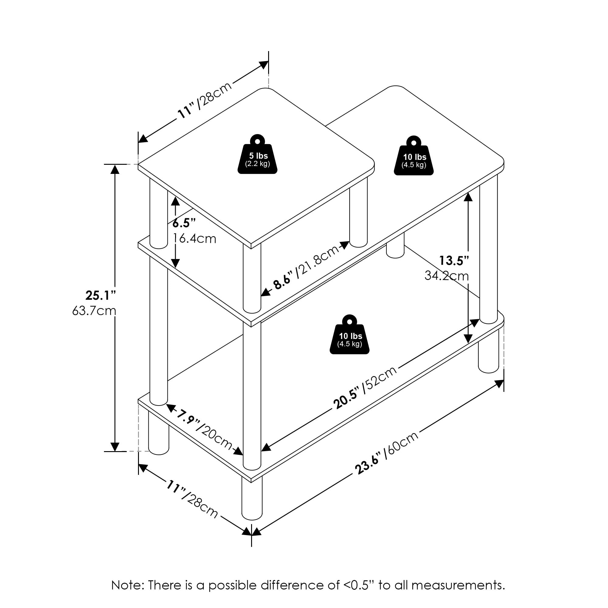 Furinno Turn-N-Tube 3-Tier Rectangular Sofa Side Table, End Table with Open Shelves, Espresso/Black
