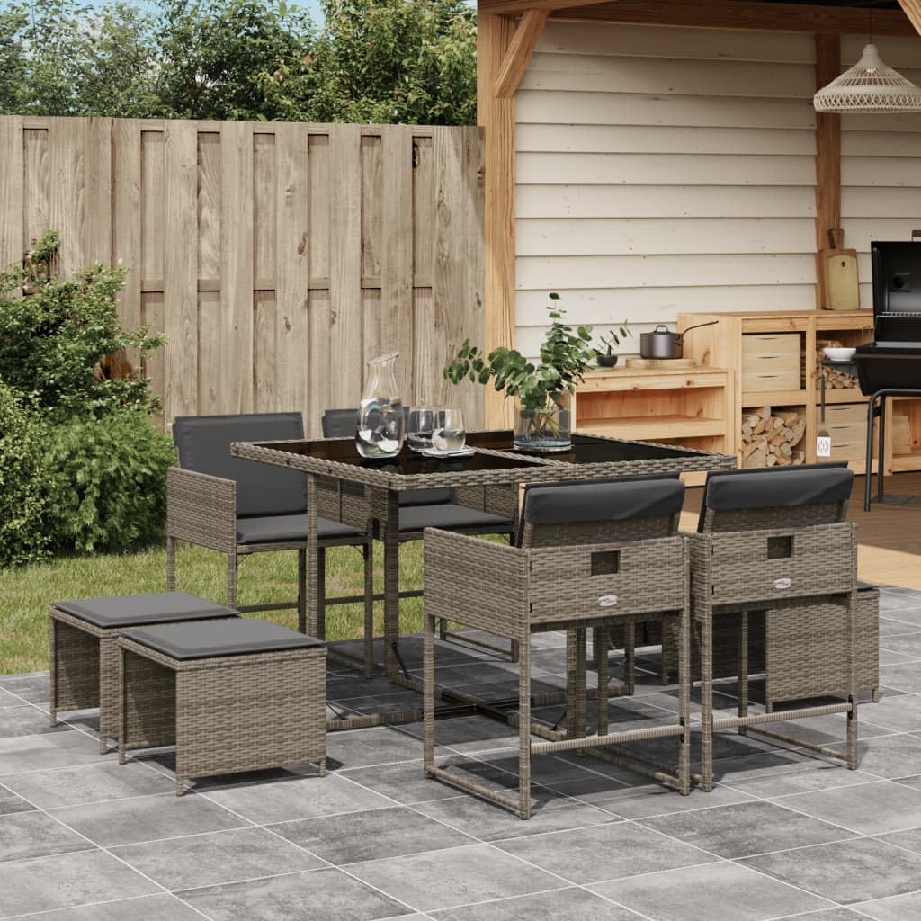 vidaXL 9 Piece Patio Dining Set with Cushions - Gray Poly Rattan, Space-Saving, Comfortable Cushions, Tempered Glass Tabletop, Outdoor Garden/Backyard Furniture