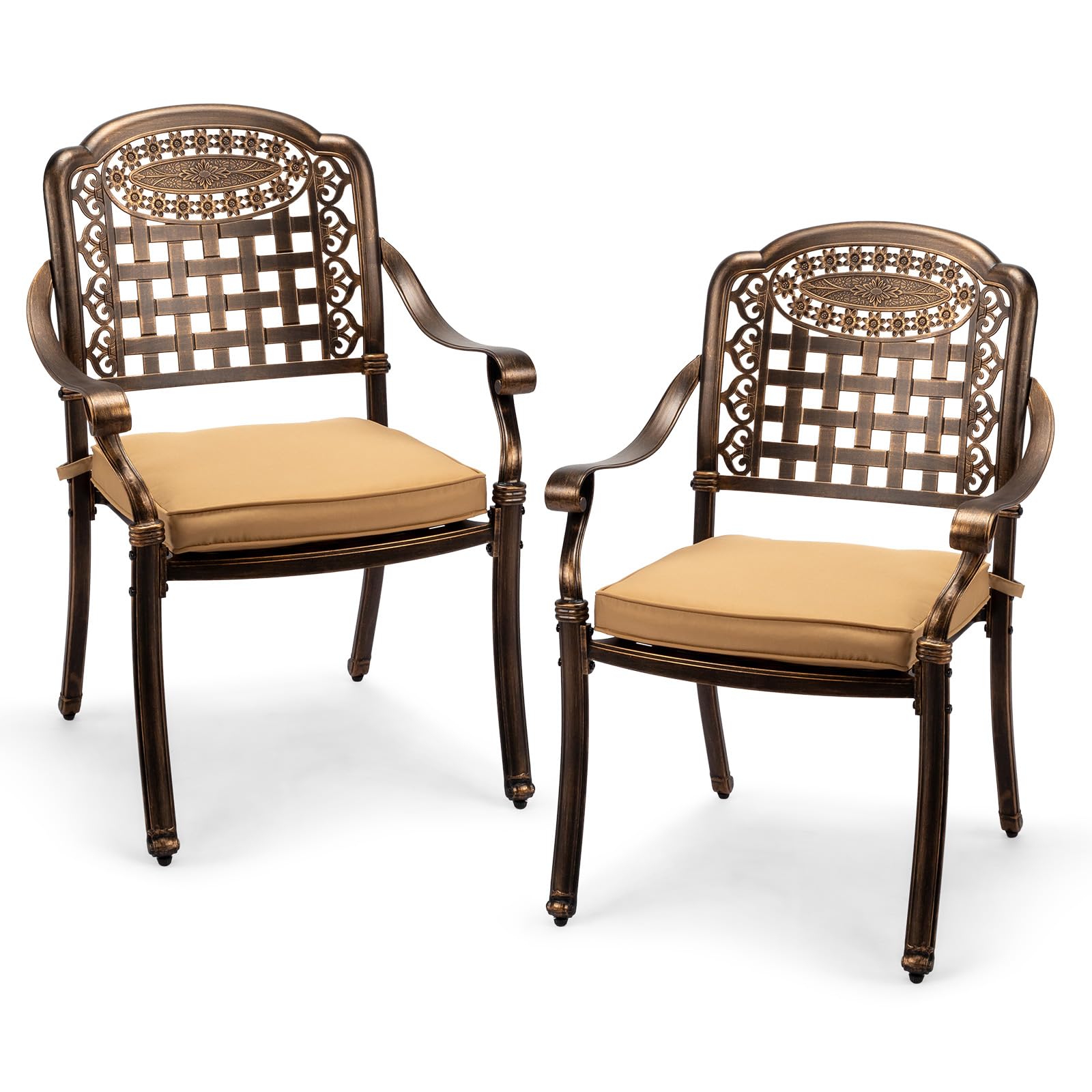 Vingli Patio Chairs Set Of 2 - Stackable Outdoor Cast Aluminum Dining Chairs With Vintage Bronze Finish And Plaid Pattern, Metal