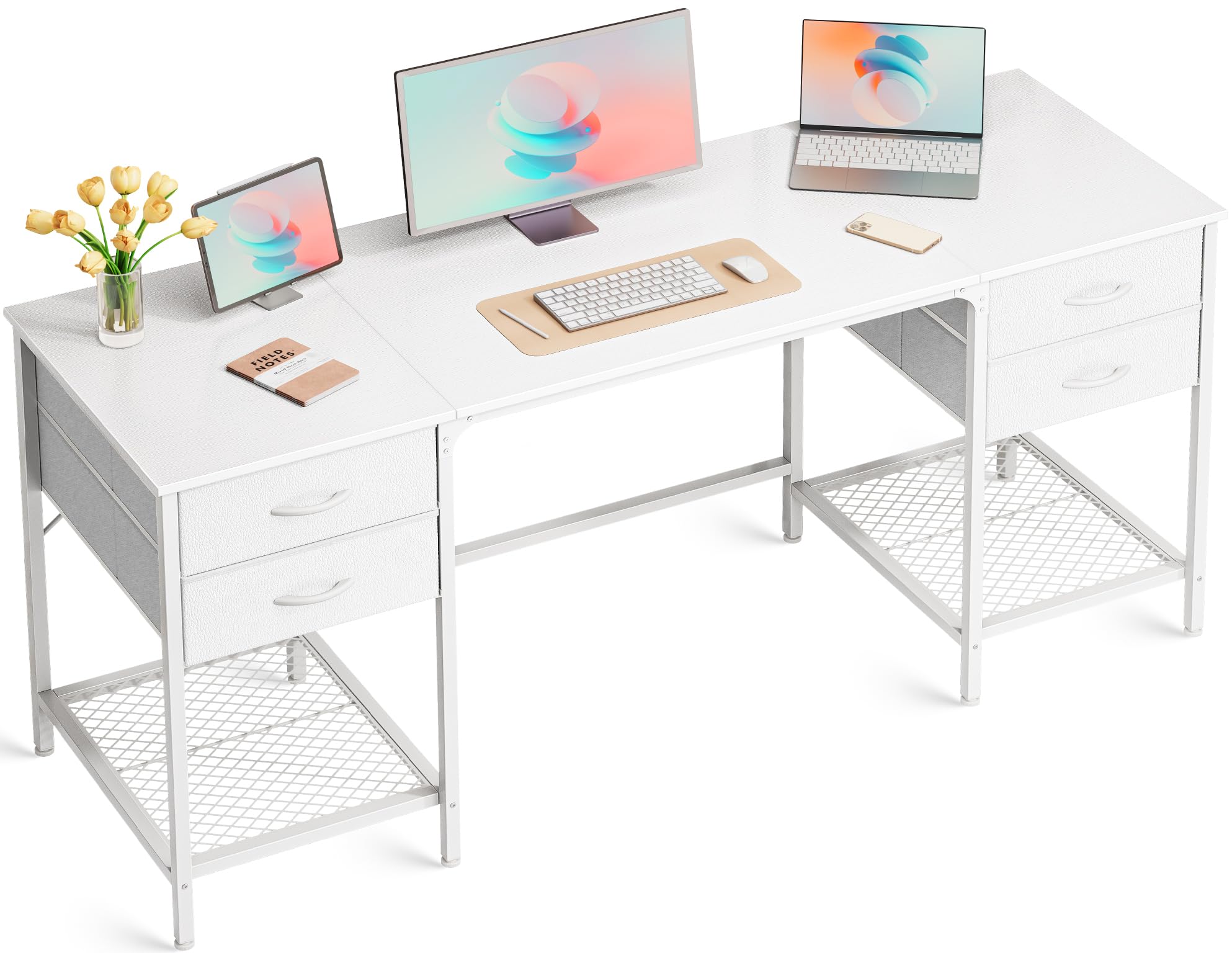 Huuger 63 Inch Computer Desk With 4 Drawers, Office Desk With Mesh Shelf, Gaming Desk, Large Storage, Writing Desk Work Desk For Home Office, Study, Bedroom, Work From Home, White