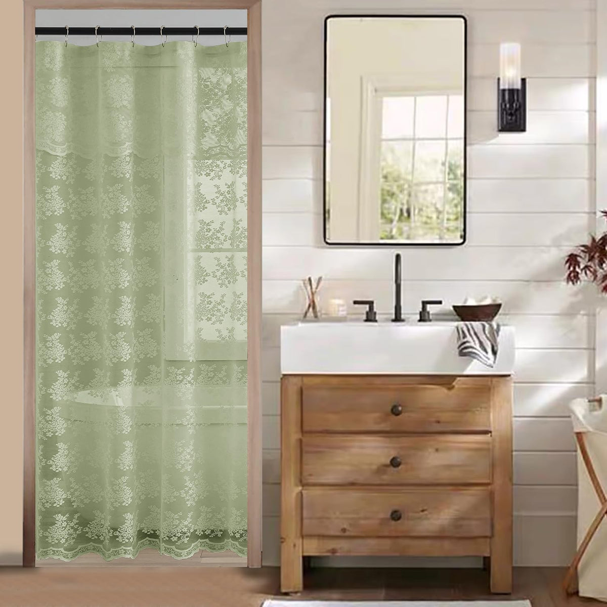 Tudeco Stand Up Sage Shower Curtains For Bathroom - Shabby Chic Transparent Stall Green Floral Shower Curtains With Attached Val
