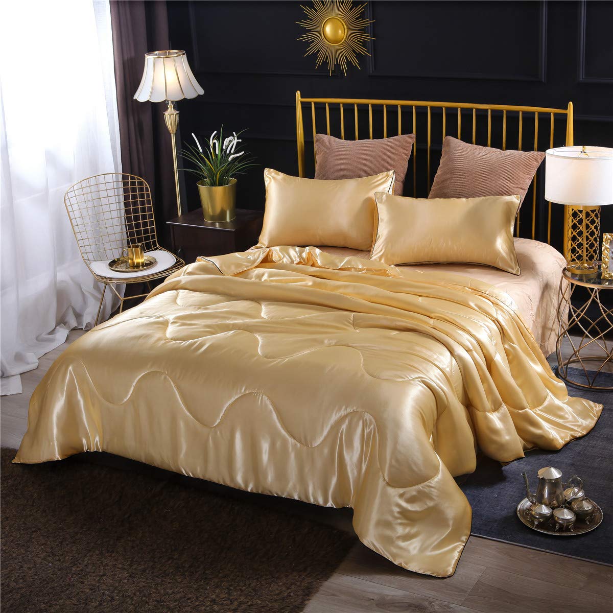 Ntbed Sexy Silky Satin Comforter Sets Queen Golden Lightweight Soft Luxury Quilt 3-Pieces Microfiber Bedding Set Yellow (Gold, Q