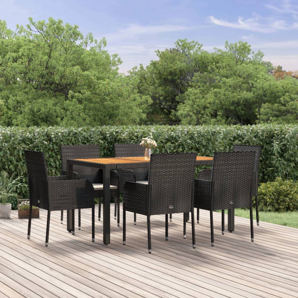 vidaXL Modern Patio Dining Set - 5 Piece Outdoor Dining Furniture - Poly Rattan - Weather-Resistant - Sturdy Steel Frame - Acacia Wood Tabletop - Black with Cream White Cushions