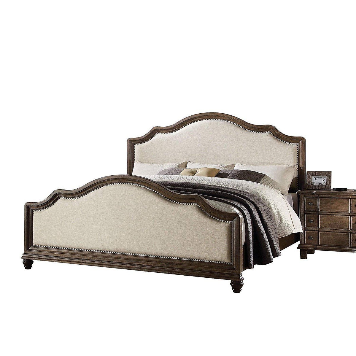 Acme Baudouin Upholstered King Panel Bed In Beige And Weathered Oak Fabric