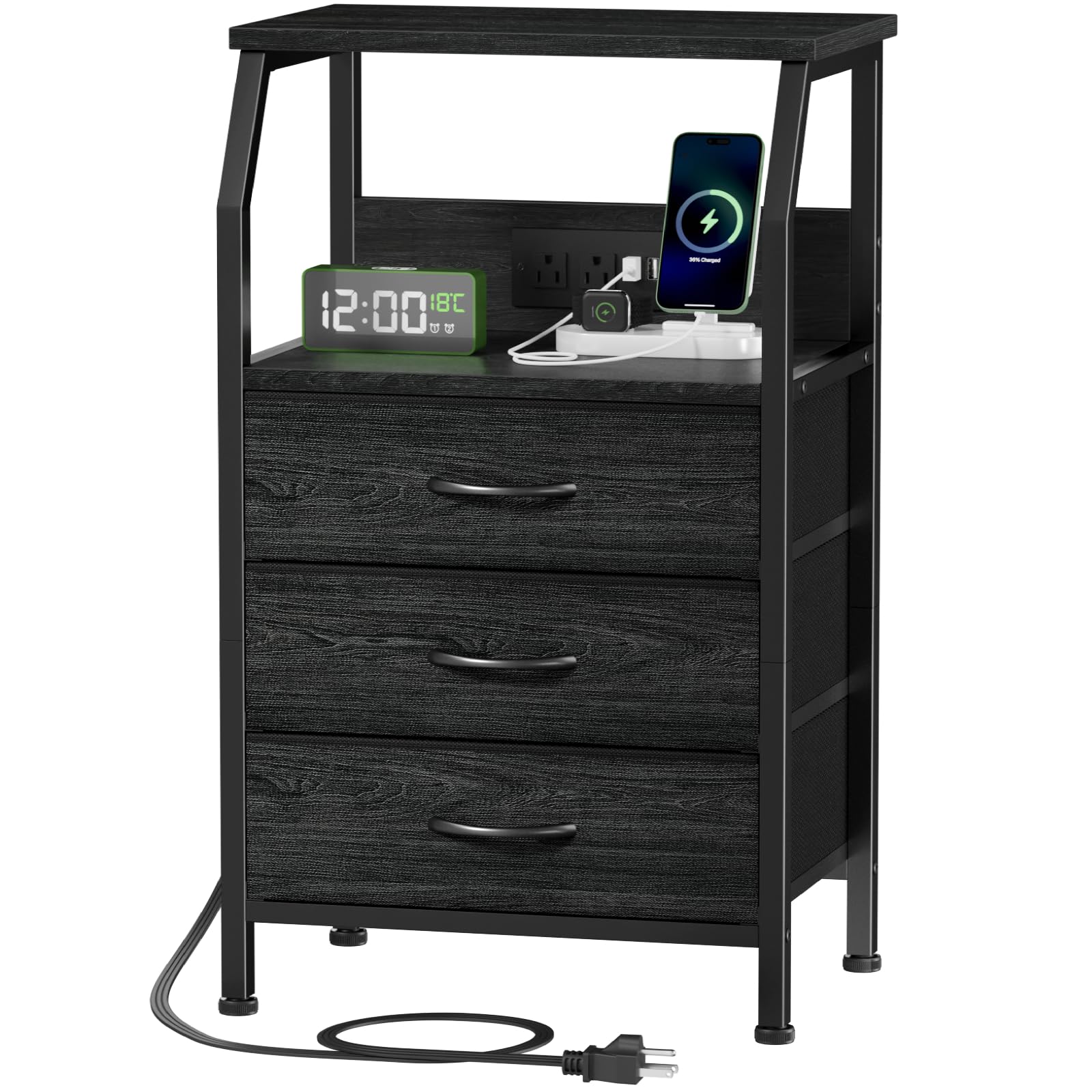 Furnulem Night Stand With Charging Station, 28.3 Inch Tall Side Table With Fabric Drawers And Storage Shelf, Bedside Table With Usb Ports & Outlets, Nightstand For Bedroom, 3 Ways To Use, Black Oak