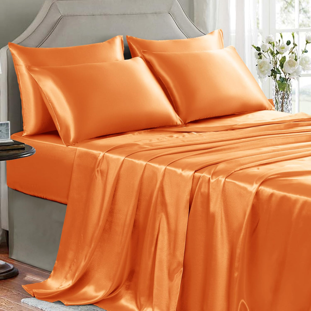 Golal Satin Sheets Full Size - 6 Pieces Luxury Silky Soft Bed Sheets, Wrinkle-Free Burnt Orange Satin Silk Sheet Set With 1 Deep