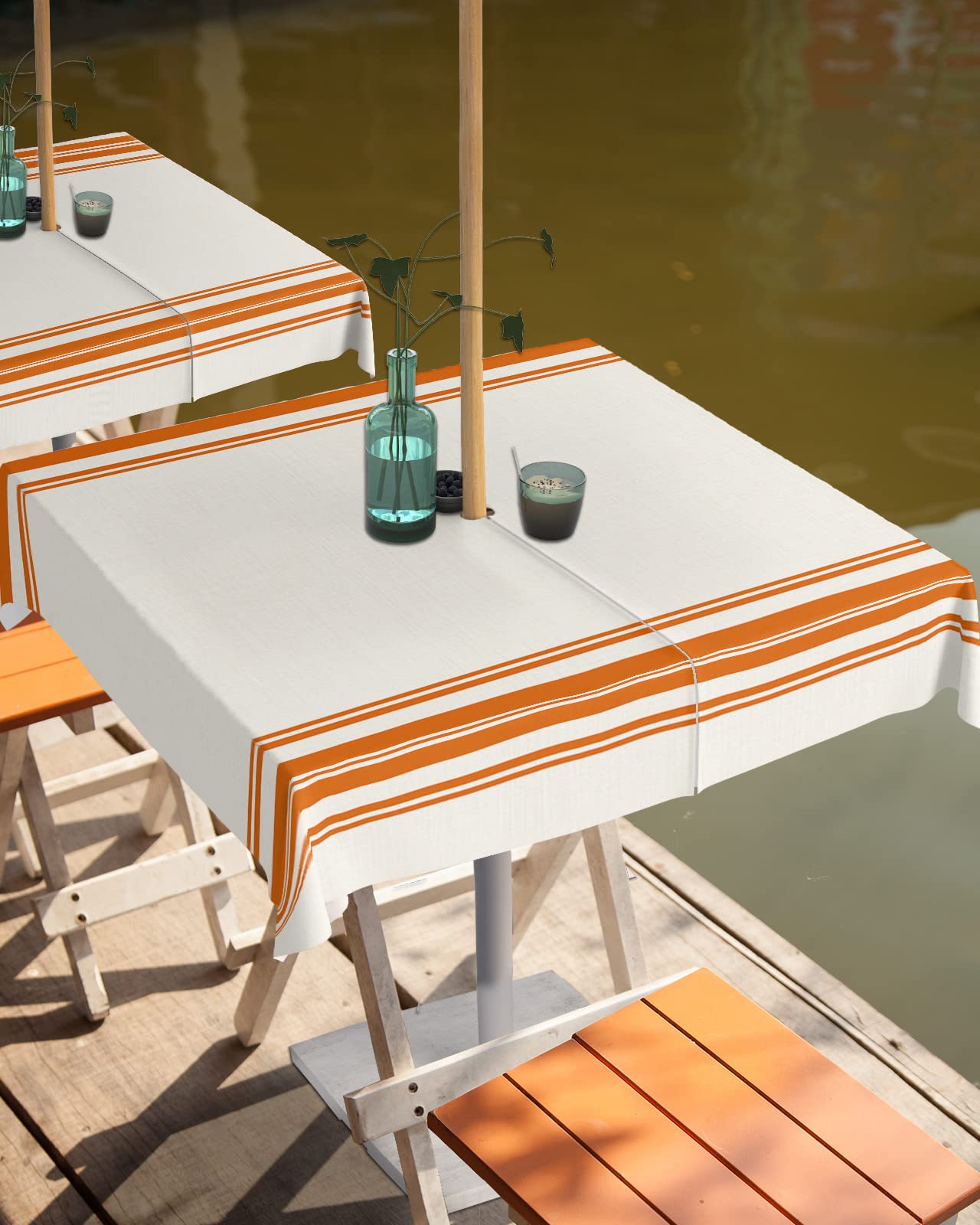 Queenker Fall Outdoor Tablecloth With Umbrella Hole, Farmhouse Orange Stripe Square Tables Zippered Table Cloth Waterproof Table