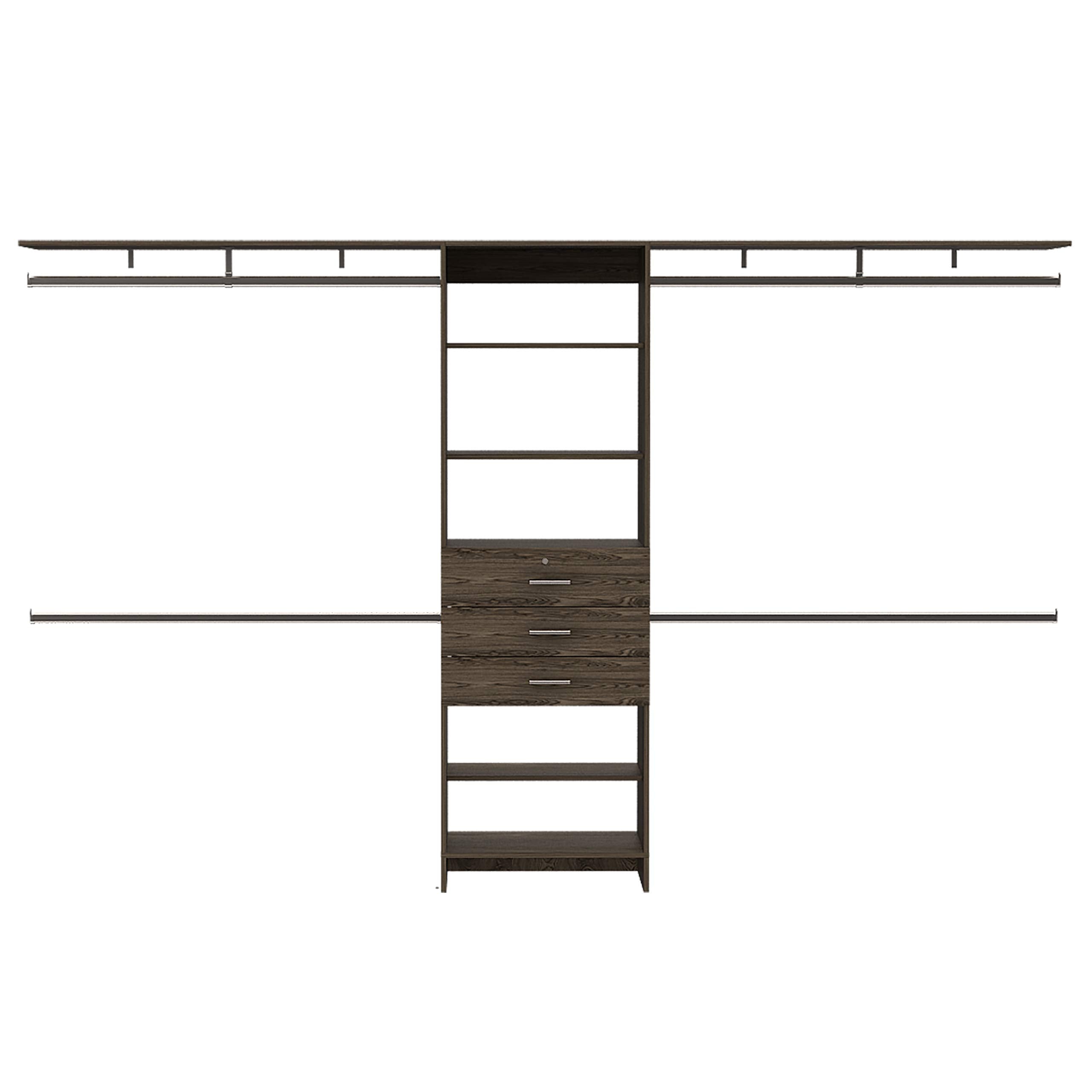 Depot E-Shop Zamora 69&Quot;W - 118&Quot;W Closet System With Four Hanging Rods, Three Drawers, And Five Shelves, Dark Walnut, Bedroom